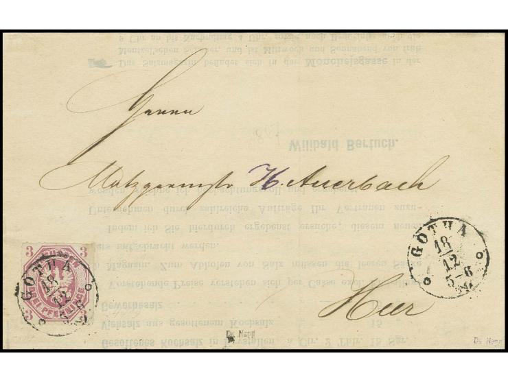 3 Pfg. dunkelrosalila, farbfrisch und tadellos durchstochen mit Taxis-EKr. "GOTHA 18/12" (1865) auf Orts-Drucksache; das" H" 