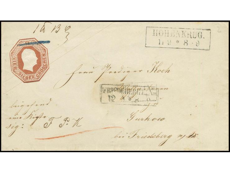 GANZSACHEN: 1852, Oktogon-Umschlag: 4 Sgr. braun mit Schilling-Nr. 1 und Ra2 "HOHENKRUG 11 9" als Paketbegleitbrief nach Frie