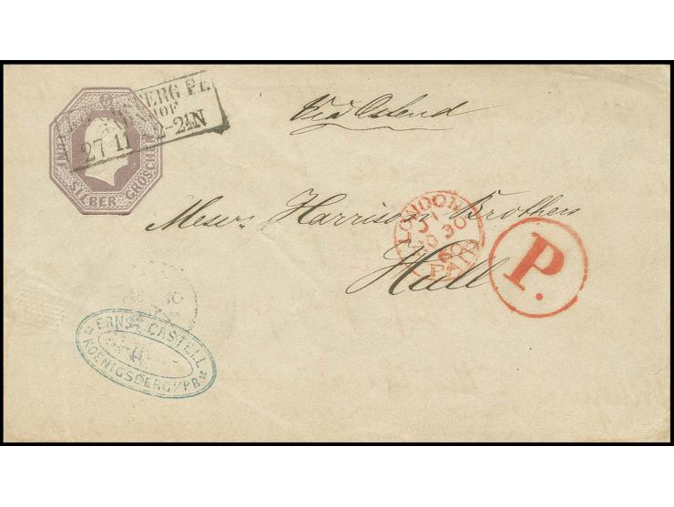 Umschlag 5 Sgr. graulila mit Schilling-Nr. 3 und Ra3 "KÖNIGSBERG 27.11." nach Hull/Großbritannien mit Transit- und Ankunftsst