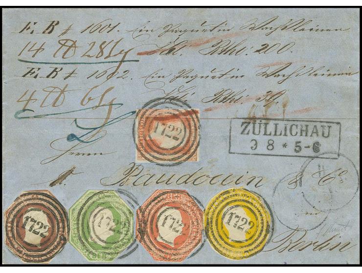 Ganzsachenausschnitte: 1852, Oktogon 4 Sgr. dunkelrotbraun, 6 Sgr. grün und 7 Sgr. orangerot sowie Ovalausgabe 3 Sgr. gelb in