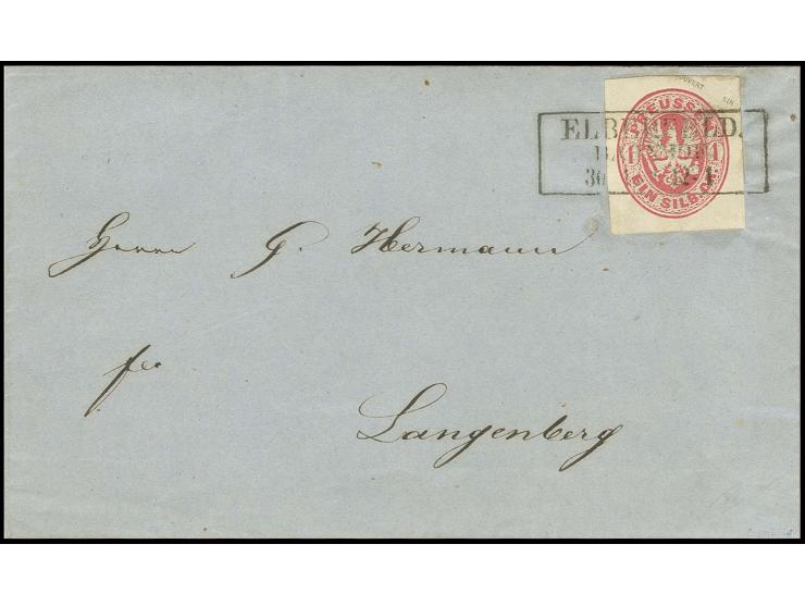 1861, 1 Sgr. rosa, breitrandig viereckig geschnitten mit klarem Ra3 "ELBERFELD BAHNHOF 30 12" (1862) auf Briefhülle nach Lang