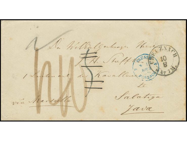 "CREUZNACH 10.8.(59)", DKr. klar auf unfrankiertem Brief mit diversen Taxen via Marseille nach Salatiga, Java, mit Ankunftsst