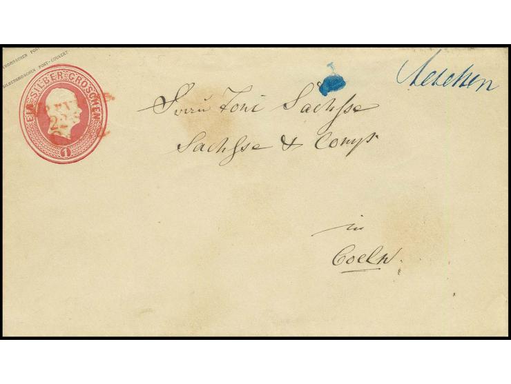 "Verviers / Cöln", Bahnpost-L3 in rot als Entwerter auf Ganzsachenumschlag 1 Sgr. rosa mit handschriftlichem Aufgabevermerk "