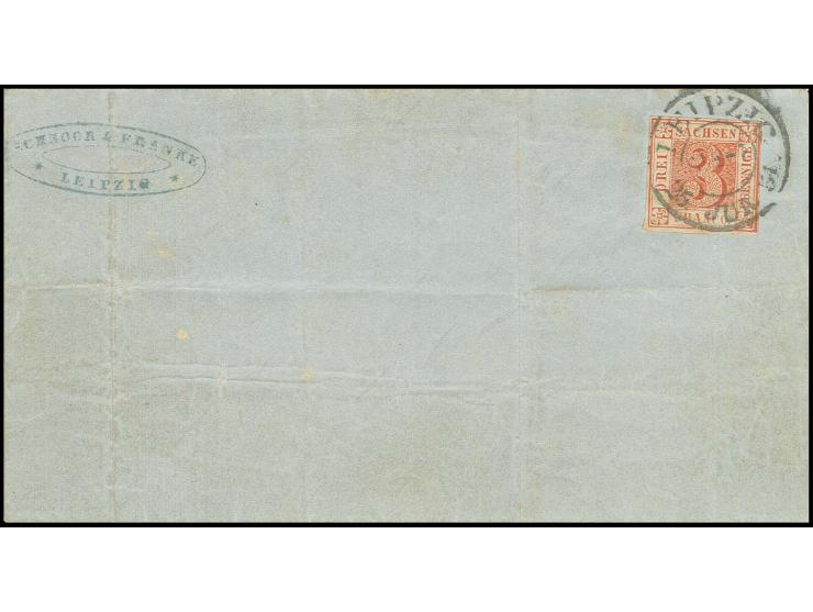 1850, 3 Pfg. ziegelrot, allseits voll- bis breitrandig und farbfrisch mit unten Teil der Trennungslinie im sächsischen System