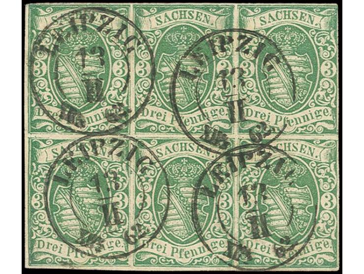 1851/63, Wappen, spätere Auflagen: 3 Pfg. saftiggrün im waagerechten 6er-Block, rechts leicht berührt, sonst voll- bis breitr