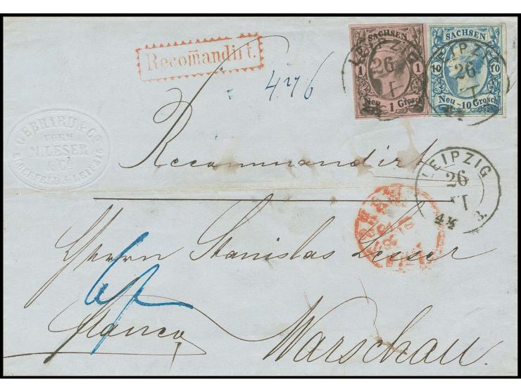 1856, Johann 10 Ngr. milchblau und 1 Ngr. auf rosa, beide voll- bis breitrandig, die 1 Ngr. unten rechts kleine Druckfalte, d