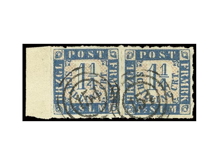 1864, 1¼ Sch. blau/weißrosa im waagerechten Paar mit breitem linken Bogenrand, sauber gestempelt "154" BLANKENESE, Kabinett, 