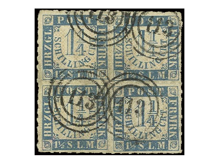 1¼ Sch. blau/weißrosa im 4er-Block, farbfrisch und einwandfrei durchstochen mit Nr. "113" ALTONA, Kabinett, sign. W. Engel un