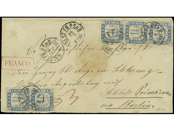 1¼ Sch. blau/weißrosa, senkrechter 3er-Streifen und Paar mit EKr. "HOLST.EB.P.Sp.B. 18/3" auf Briefvorderseite an "S. Königli