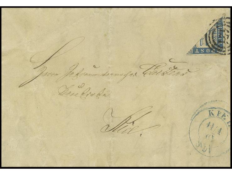 1¼ Sch. blau/weißrosa, diagonal halbiert mit Nr. "121" und nebengesetztem DKr. "KIEL 11/1  65" auf Ortsbriefhülle (rechte Kla