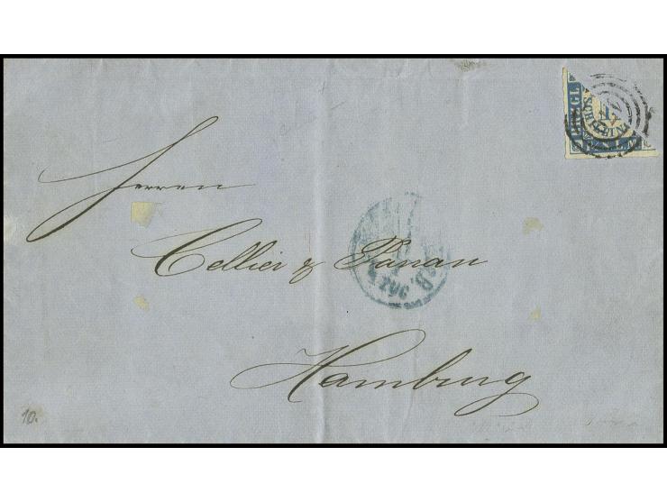 1¼ Sch. blau/weißrosa, diagonal halbiert mit Nr. "170" auf Faltbrief von "Altona den 1. Januar 1865" mit nebengesetztem Bahnp