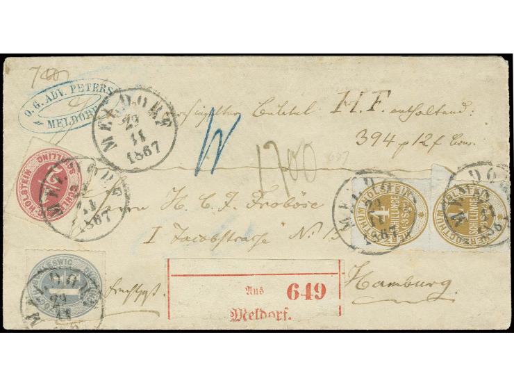1865, 1/2 Sch. rosalila in Mischfrankatur mit Herzogtum Schleswig 1 1/4 Sch. grau und senkrechtem Paar Herzogtum Holstein 4 S