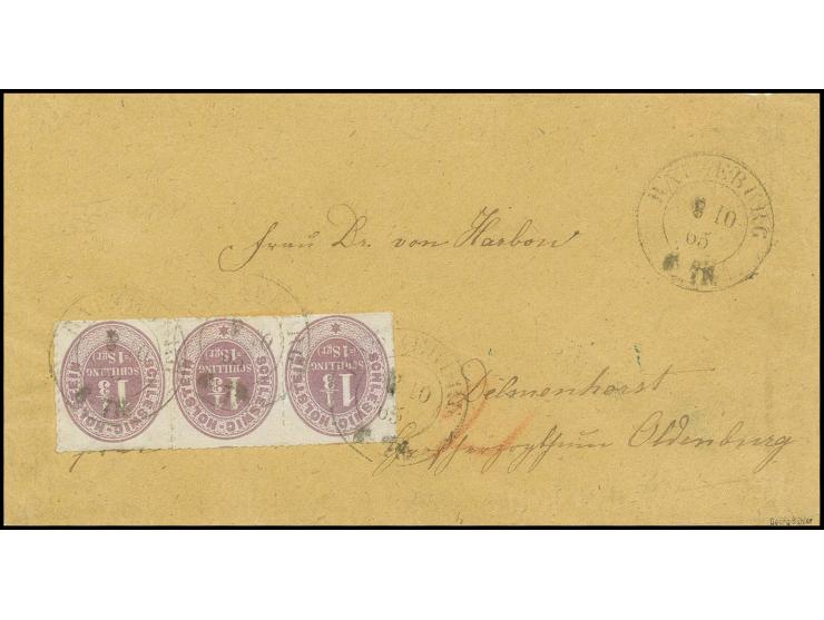 1 1/3 Sch. violettbraun im waagerechten 3er-Streifen mit DKr. "RATZEBURG 8 10 65" auf Briefumschlag ins oldenburgische Delmen