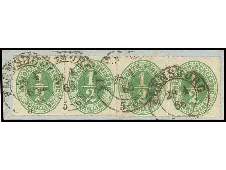 1865/67, 1/2 Sch. grün im waagerechten 4er-Streifen, farbfrisch und einwandfrei durchstochen mit DKr. "FLENSBURG 8 4 66" auf 