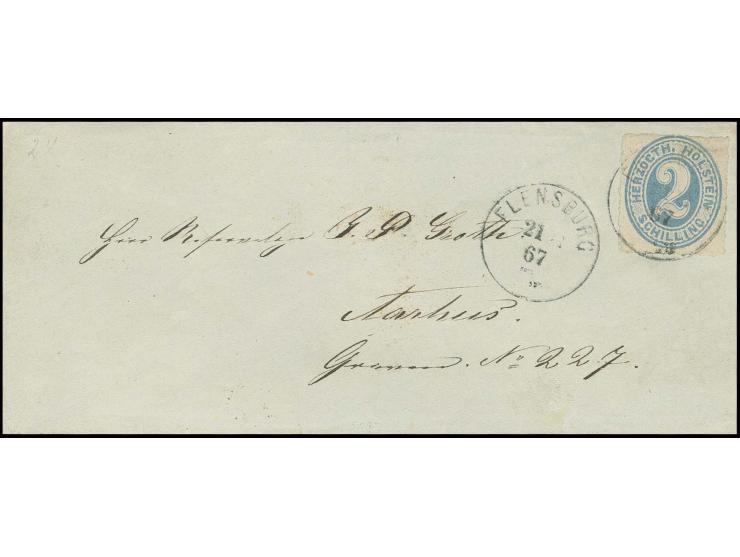 2 Sch. grauultramarin, farbfrisch und gut durchstochen mit EKr. "FLENSBURG 21 11 67" auf kleinem Brief ins dänische Aarhus mi