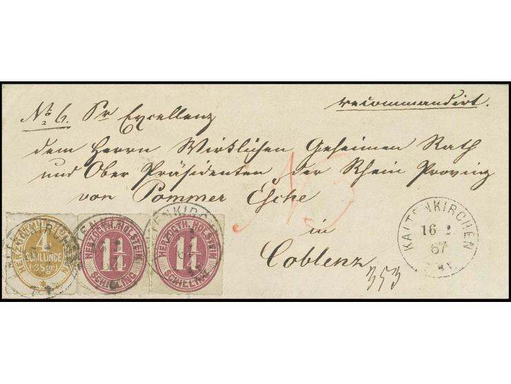 4 Sch. braunocker und 2 Einzelwerte 1¼ Sch. bräunlichlila mit EKr. "KALTENKIRCHEN 16 2 67" auf eingeschriebenem Briefkuvert a