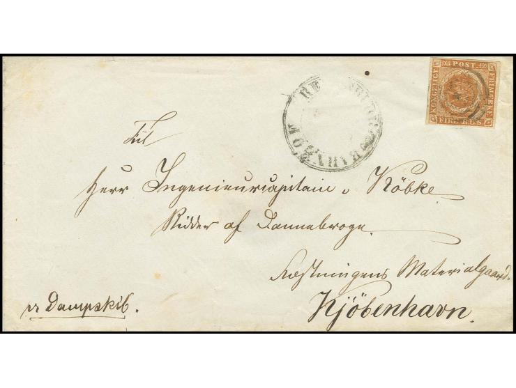 DÄNISCHE POSTVERWALTUNG: Fire R.B.S. gelbbraun, allseits voll- bis breitrandig mit stummem 4-Ring-Stempel und nebengeseztem D
