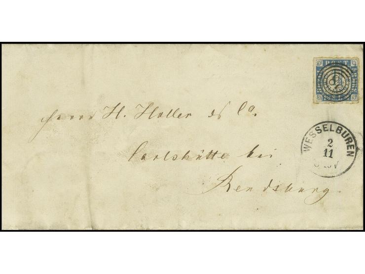 "48" WESSELBUREN, auf 1¼ Sch. blau/weißrosa auf Briefhülle mit nebengesetztem schwarzen EKr. vom 2.11.(1864) nach Rensburg mi