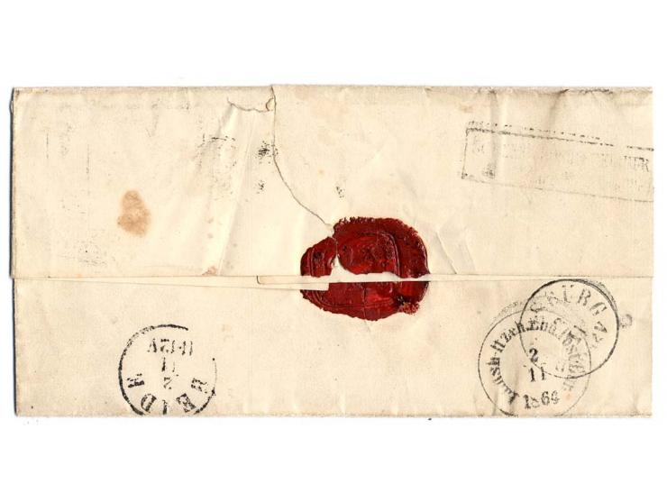 "48" WESSELBUREN, auf 1¼ Sch. blau/weißrosa auf Briefhülle mit nebengesetztem schwarzen EKr. vom 2.11.(1864) nach Rensburg mi