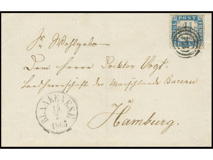 "154" BLANKENESE auf 1¼ Sch. blau/weißrosa auf Briefhülle mit nebengesetztem EKr. vom 15.2.1865 nach Hamburg, Pracht