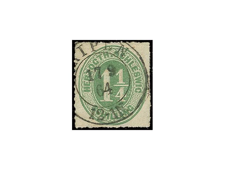 "RIPEN 17 9 64", preußischer DKr. sauber und fast zentrisch auf 1¼ Sch. grün; ein seltener Stempel, nur 3 Monate in Gebrauch,