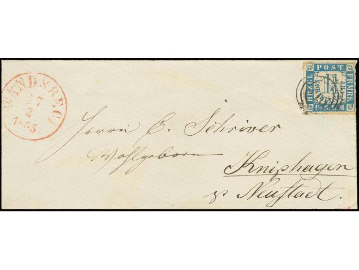 "WANDSBECK 27 2 1865", EKr. in rot nebengesetzt auf kleiner Briefhülle mit 1¼ Sch. blau/weißrosa mit Nr. "146", nach Neustadt