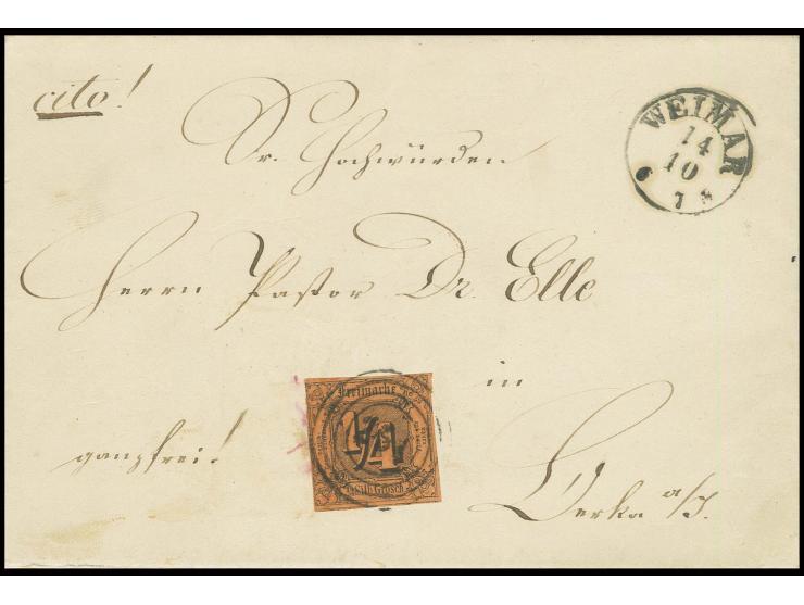 1852/58, Ausgabe aus farbigem Papier: ¼ Sgr. auf dunkelorange mit Nummernstempel "251" und nebengesetztem EKr. "WEIMAR 14 10 