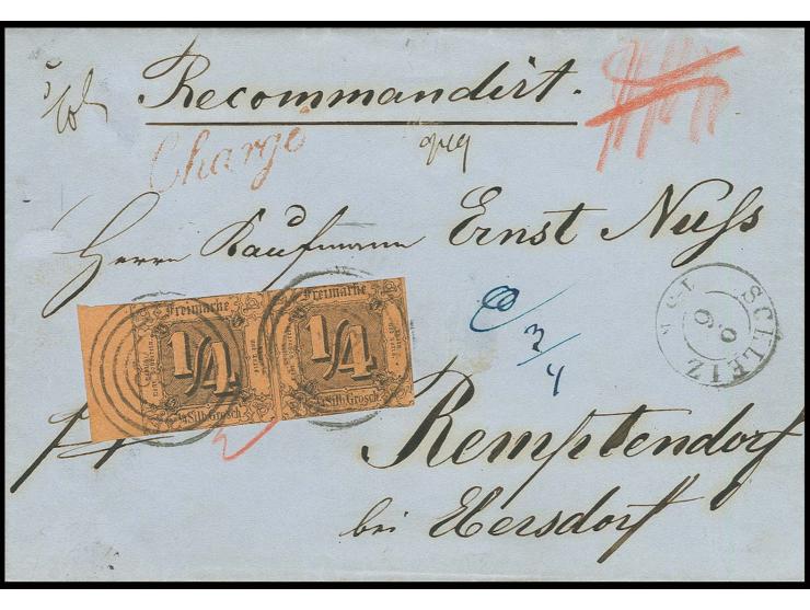 ¼ Sgr. auf dunkelorange im waagerechten Paar mit linkem Bogenrand und  Nummernstempel "298", nebengesetztem DKr. "SCHLEIZ 9 6