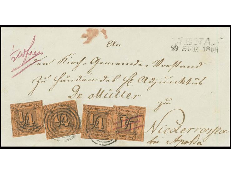 ¼ Sgr. auf braunorange, vier Einzelmarken, meist gut geschnitten mit Nummernstempel "234" bzw. eine Marke nachträglich mit Fe