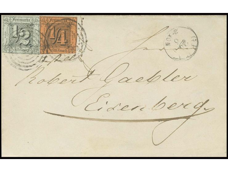¼ Sgr. auf dunkelorange und ½ Sgr. auf olivgrau mit Nummernstempel "291" und nebengesetztem EKr. "GERA" auf Brief zu ermäßigt