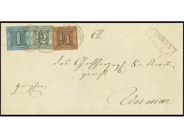 ¼ Sgr. auf dunkelorange, ½ Sgr. auf olivgrau und 1 Sgr. auf blau mit Nummernstempel "221" und nebengesetztem Ra2 "APOLDA 5 10