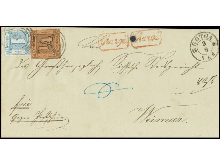 ¼ Sgr. auf dunkelorange und 1859, 1 Sgr. blau mit Nummernstempel "273" und nebengesetztem DKr. "GOTHA 3 8 1860" auf eingeschr