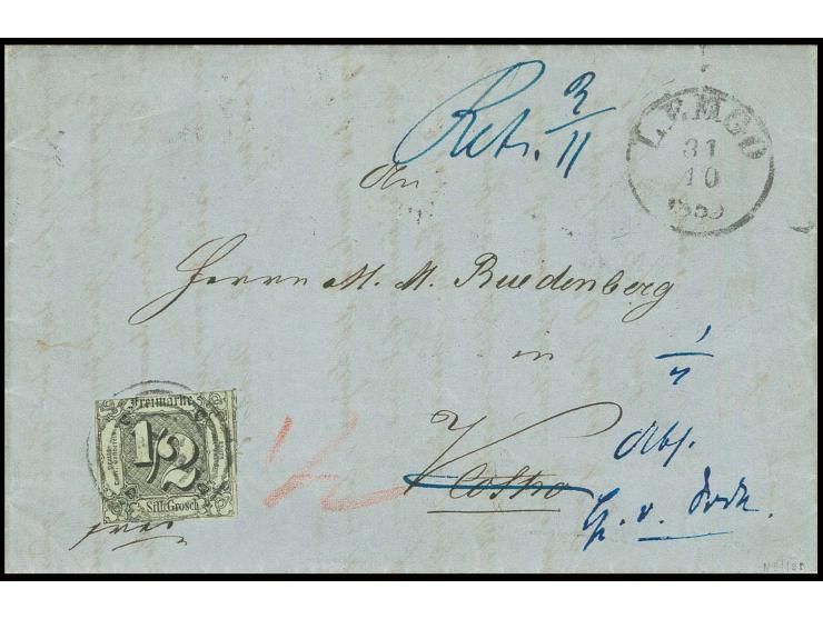 ½ Sgr. auf olivgrau mit Nummernstempel "325" und nebengesetztem EKr. "LEMGO 31 10 1859" auf Faltbrief zu ermäßigter Postverei
