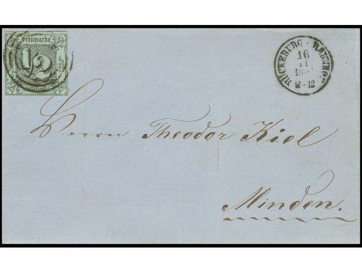 ½ Sgr. auf olivgrau mit Nummernstempel "320" und nebengesetztem EKr. "BÜCKEBURG 16 11" auf Faltbriefhülle zu ermäßigter Postv