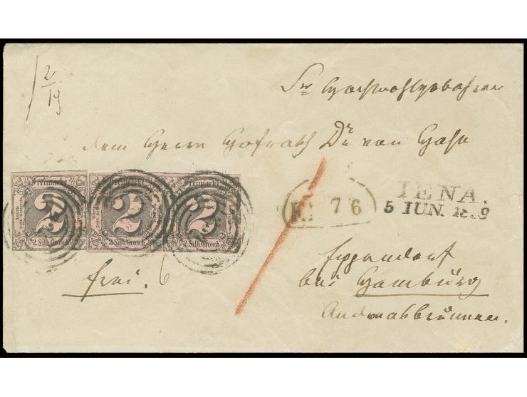2 Sgr. auf rosa, drei Einzelmarken mit Nummernstempel "234" auf Brief nach Eppendorf mit nebengesetztem L2 "JENA 5 JUN. 1859"
