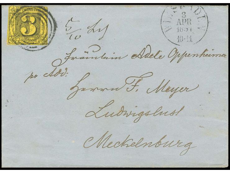 3 Sgr. auf gelb mit Nummerstempel "215" als Währungs-Fremdverwendung auf Faltbriefhülle nach Ludwigslust, nebengesetzt EKr. "