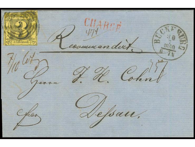 3 Sgr. auf braungelb mit Nummernstempel "320" und nebengesetztem EKr. "BÜCKEBURG 30 7 1859" sowie rotem L1 "CHARGE" auf einge