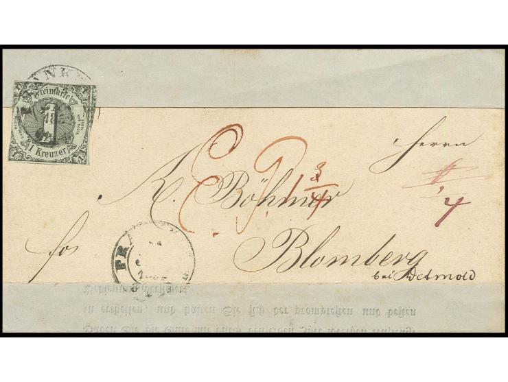 1 Kr. auf olivgrau mit DKr. "FRANKFURT" auf unzureichend frankiertem Streifband nach Blomberg, unzureichend frankierte Streif