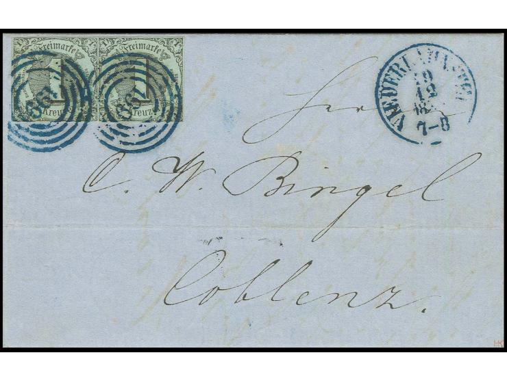 1 Kr. auf olivgrau im waagerechten Paar mit jeweils klarem blauen Nummernstempel "199" und nebengesetztem EKr. "NIEDERLAHNSTE