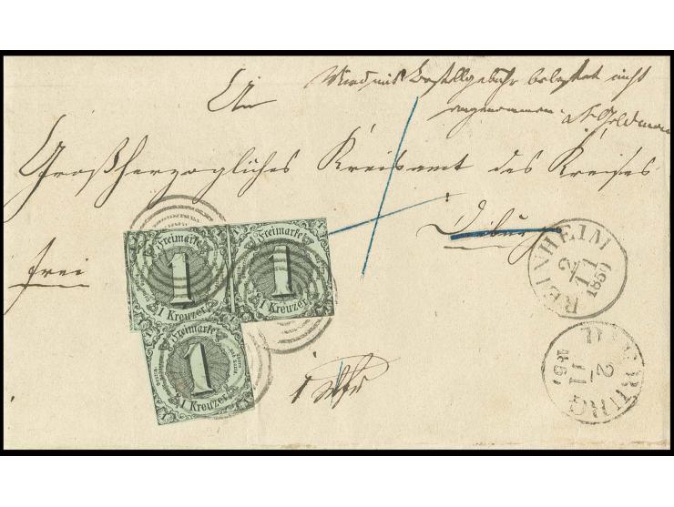 1852, 1 Kr. auf graugrün im waagerechten Paar und Einzelmarke mit Nummernstempel "149" auf Faltbriefhülle nach Dieburg, linke