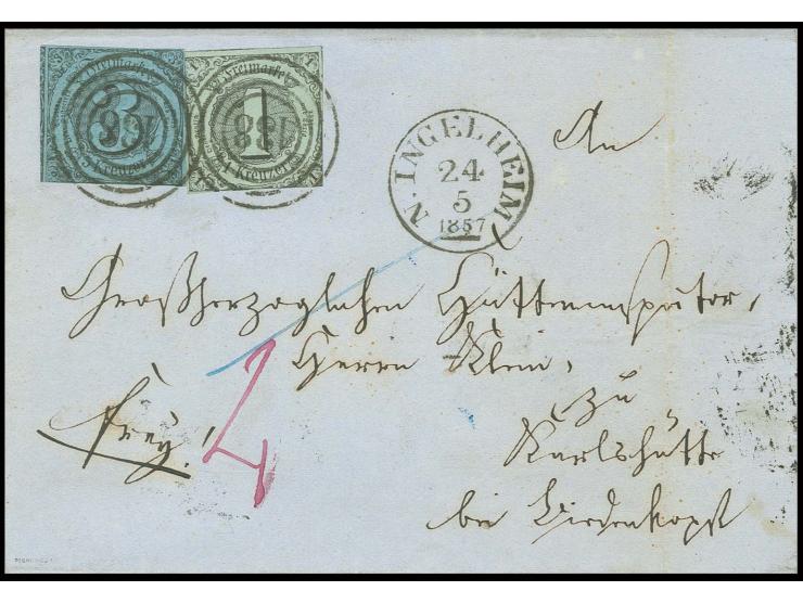 1 Kr. auf olivgrau und 3 Kr. auf blau mit Nummernstempel "138" und nebengesetztem EKr. "INGELHEIM 24 5 1857" auf Faltbriefhül