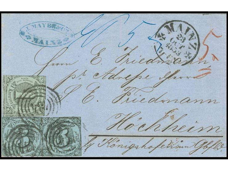 1 Kr. auf olivgrau und zwei Einzelmarken 3 Kr. auf blau mit Nummernstempel "134" auf unterfrankiertem Brief mit nebengesetzte