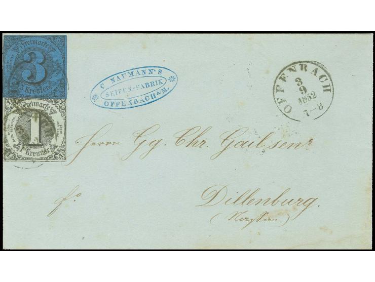 1 Kr. auf olivgrau und 3 Kr. auf blau mit EKr. "OFFENBACH 3 9 1852" auf Faltbriefhülle nach Dillenburg, nebengesetzt ovaler A
