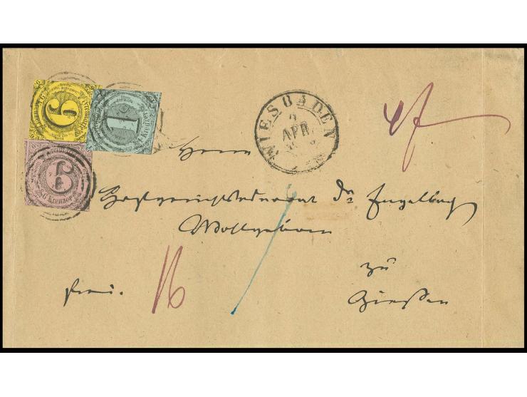 1 Kr. auf bläulichgrün, 6 Kr. auf lebhaftgraurot und 9 Kr. auf hellbraungelb mit Nummernstempel "215" auf Brief der 4. Gewich