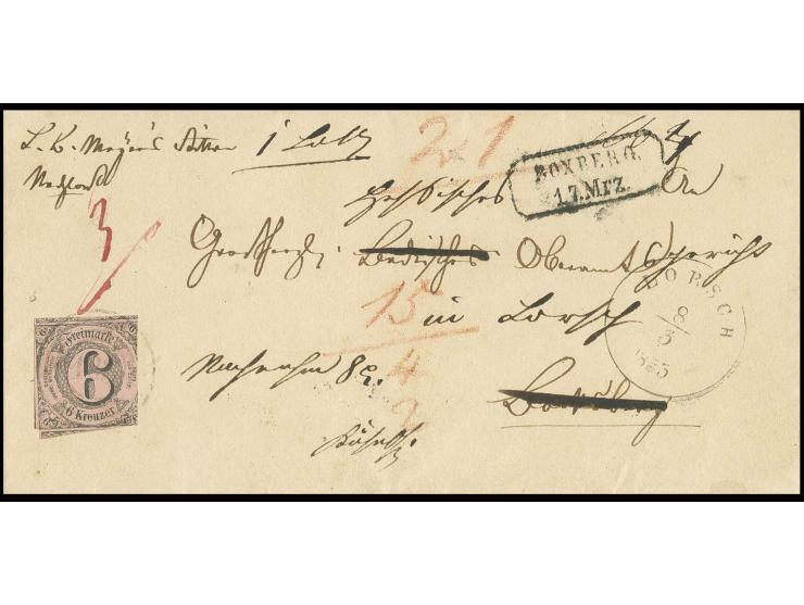 6 Kr. auf mattgraurot mit Nummernstempel "133" und nebengesetztem EKr. "LORSCH 8/3 1835" auf Nachnahmesendung über 8 Kr. an d