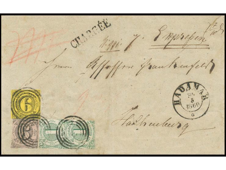 6 Kr. auf lebhaftgraurot, 9 Kr. auf lebhaftbraungelb sowie 1859, 1 Kr. grün im senkrechten Paar auf eingeschriebenem Expressb