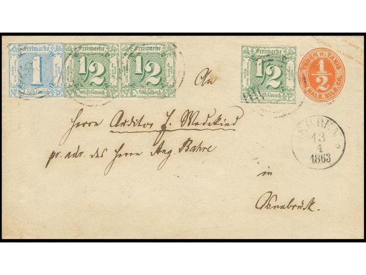 1859/61, Ausgabe auf weißem Papier: ½ Sgr. bläulichgrün im waagerechten Paar sowie Einzelmarke und 1 Sgr. blau mit Nummernste