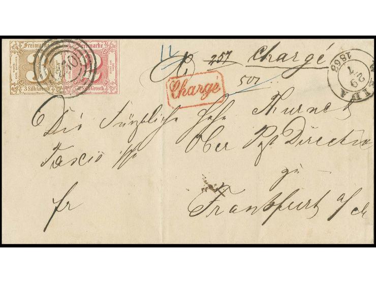 2 Sgr. dunkelrosarot und 1862, 3 Sgr. ockerbraun mit Nummernstempel "250" und nebengesetztem DKr. "WEIDA 29 7 1863" auf einge