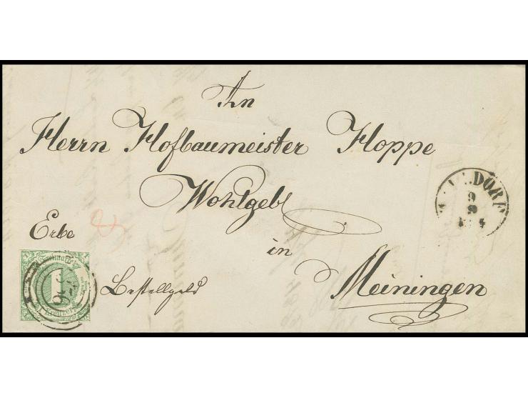 1 Kr. grün mit Nummernstempel "356" als Bestellgeld auf ansonsten portofreiem Brief nach Meiningen, entsprechender "Franco 0"