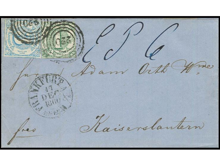 1 Kr. grün und 3 Kr. blau mit Nummernstempel "220" auf unterfrankiertem Faltbrief nach Kaiserslautern, ab 1860 wurde das gekl